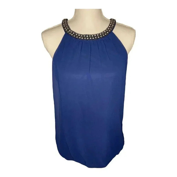 NEW Express Women’s Medium Navy Blue Dressy Halter Top With Jeweled Neckline NWT - Picture 1 of 4